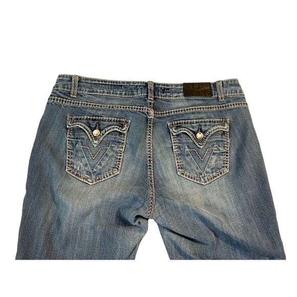 Vigoss Womens Size 8 Fit Bootcut jeans Raw Hem Blue Denim Flap Back Pockets Tan - Picture 3 of 8